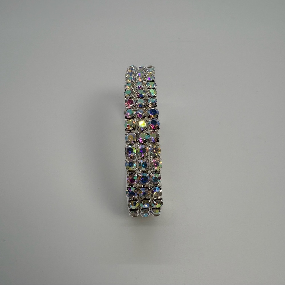 3 Row AB Crystal Rhinestone Stretch Iridescent Wedding Bracelet in Silver Tone